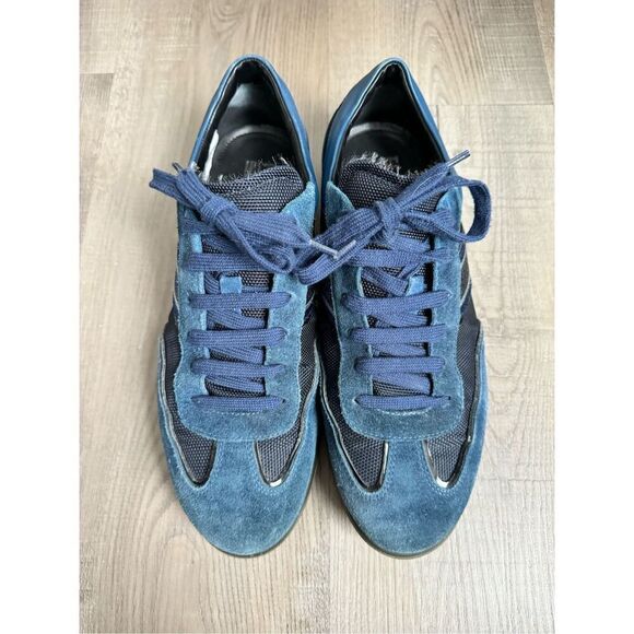 Salvatore Ferragamo Navy Blue Fabric and Leather Lace Up Low Top Sneakers Size 8 main image 4